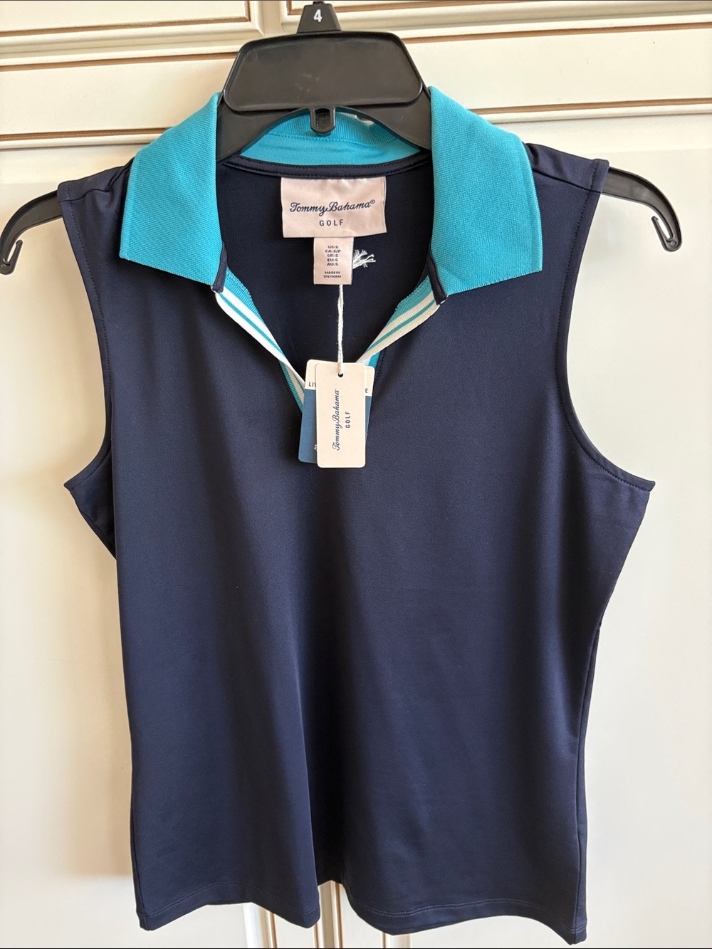 NWT Tommy Bahama Navy Sleeveless Polo with Aqua & White. Collar SZ Small